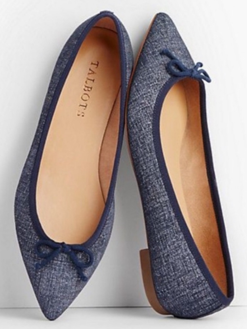 🆕 Talbots MIRA Denim Flats Pointed Toe Bow Blue Sparkle 10 Casual Work NWOT NEW